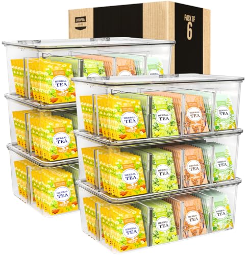 Utopia Home Tea Bag Organizer - Stackable Tea Bag Storage Organizer with Clear Top Lid- Tea bag holder For Counter tops, Kitchen Cabinets, Pantry, Sweeteners (Clear, Pack of 6) - size: Pack of 6