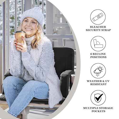 Flash Furniture Malta Extra Wide Heated Stadium Seat with Back Support, 6 Recline Positions, Portable Chair with Backpack Straps, USB Battery Pack Not Included, Black