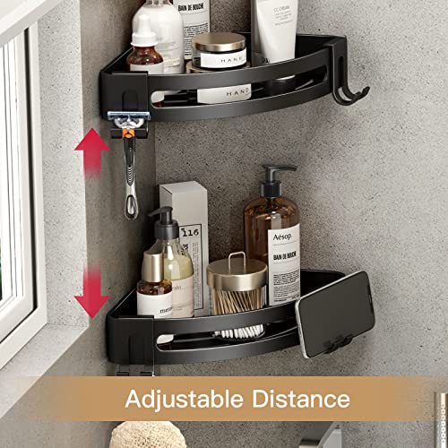 VOLPONE Corner Shower Caddy with Razor Holder Adhesive Shower Shelf Corner No Drilling (adhesive mounting, no suction cup) Bathroom Shower Organizer Storage Rack (2-Pack, Black) - style: Without Suction Cup Triangle with Hooks 2 Tier Black