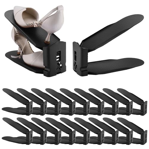 HOMOKUS 20 Pack Shoe Slots Organizer,3-Level Flexible Adjustable Shoe Stackers,Slip-on Shoe Rack,Double Layer Shoe Tray Organizer Holder with 3 Different Height,Space-Saving Shoe Holders (Black) - color: Black