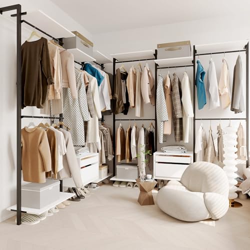 Wall-Mounted Steel & Wood Closet Organizer System with 4 Adjustable Shelves, 5 Hanging Rods, and 2 Drawers – Modern Open Wardrobe, White - color: BC03-white