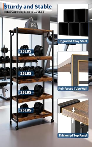 Garvee Large 4-Tier Wooden Folding Storage Shelf Cart with Locking Wheel, Expandable Kitchen Organizer Rack, 100 Lbs Loading Heavy Duty Garage Shelving, Easy Foldable No Assembly Required