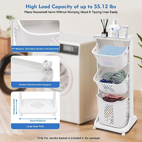 Laundry Basket, 3 Tiers Storage Basket Plastic Clothes Hamper Movable Clothes Hamper Bathroom Hampers With Wheels,Portable Freestanding Dirty For Laundry Room Organization