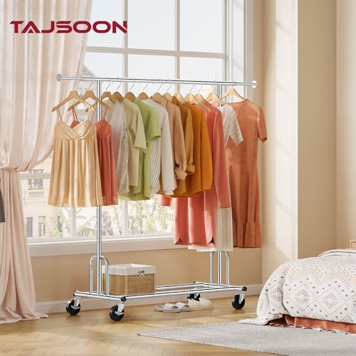 Tajsoon Heavy Duty Clothes Rack Foldable Garment Rack with Wheels and Extendable Rod, Freestanding Clothing Rack for Hanging Clothes, Adjustable ＆ Collapsible Rolling Racks with Bottom Shelf, Chrome - style: Single Rod Heavy Duty
