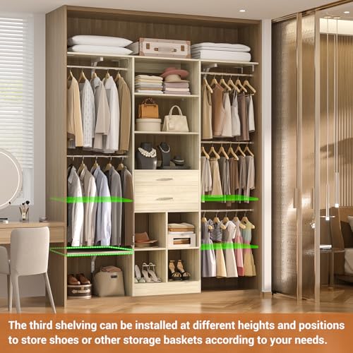 Small Closet System - 5FT Closet Organizer System with Wooden Drawers, 60 Inches Walk In Closet System With 5 Hanging Rods, Can Fit 1.58 to 6.8 FT with Reversible Hanging Shelving, Greige Oak - color: Greige Oak, size: 5FT
