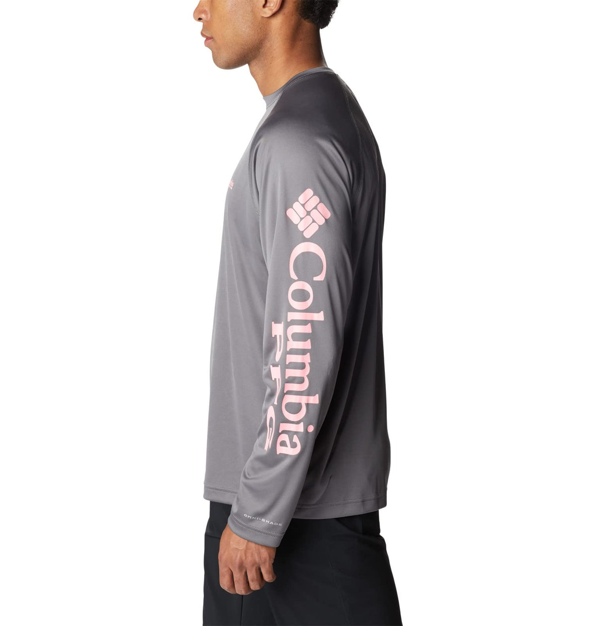 Columbia Men's Terminal Tackle Long Sleeve Fishing Shirt, City Grey/Pink Pop Logo, Small