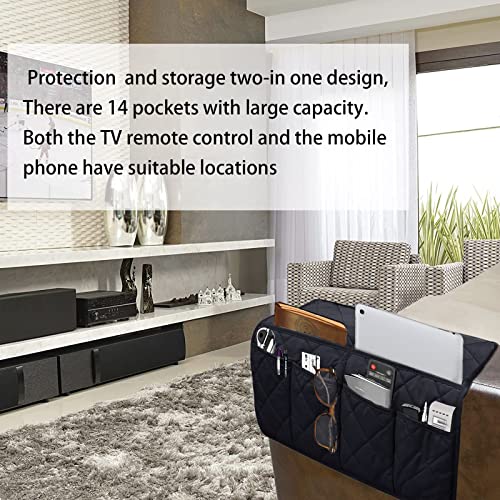 Armchair Caddy,Non Slip Sofa Armrest Organizer, Couch Armrest Remote Control Holder,Waterproof Recliner Arm Caddy with 14 Pockets for Cell Phone TV Remote Control - color: Black