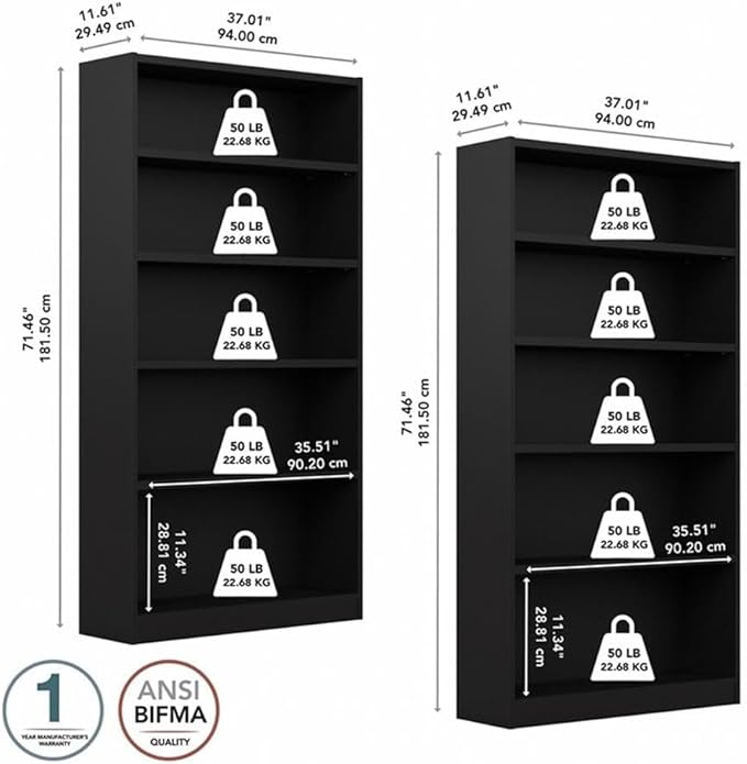 Pemberly Row Modern 5 Shelf Bookcase in Classic Black (Set of 2)