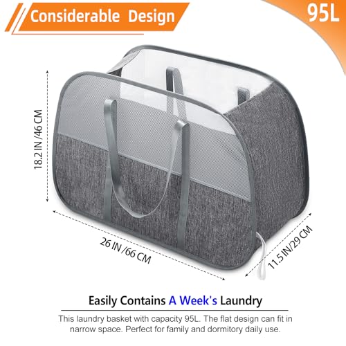 Collapsible Laundry Baskets with Easy Carry Handles, 95L Clothes Hamper for Storage, Foldable Laundry Basket Tear-proof, Large Pop Up Hampers for Laundry, Bedroom, Bathroom, Dorm Grey - style: Grey