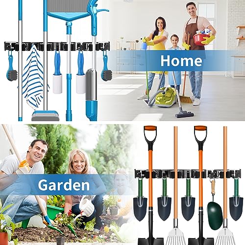 Broom Mop Holder Wall Mount Broom Hanger Wall Mounted Metal Organization Garage Storage Garden Kitchen Tool Organizer With 4 Racks and 5 Hooks (Silver, 1 Pack 4R5H) - size: 1 Pack 4R5H