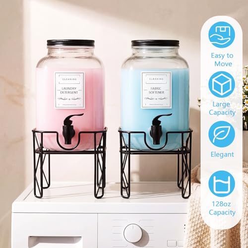 FillTouch 2 Pack 1 Gallon/128 oz Glass Laundry Detergent Dispenser, 3.8 L Liquid Soap Dispenser with Stand, Measuring Cup and Label, Fabric Softener, Liquid Bleach Container, Laundry Room Organization