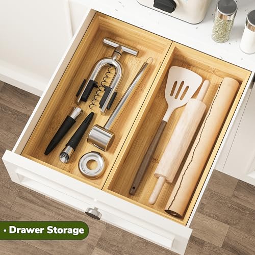 BAMEOS Deep Utensil Drawer Organizer, Bamboo Silverware Organizer for Kitchen Drawer Storage Flatware Junk Cutlery Jewelry 14"x 6.8" Set of 2 (Natural) - size: 2 Boxes 14x7"