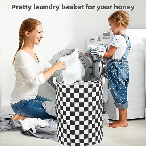 Large Foldable Laundry Basket Organizer Holder portable tall collapsible laundry hamper nusery Storage Basket Bin with Handles (Waterproof Lining, Black Racing Flag) - color: Black racing flag