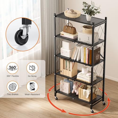 Simple Deluxe 5-Tier Folding Storage Shelves, 27.95" W x 14.96" D x 63.78" H Foldable Shelving Unit, 1250 Lbs Loading Capacity, Black - color: Black, size: 5-Tier, 28"W x 15"D x 64"H