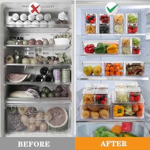 14 Pack Fridge Organizer, Stackable Refrigerator Organizer Bins with Lids PBA-Free, Clear Fridge Organizers and Storage for Kitchen, Countertops, Cabinets, Fridge, Drinks, Fruits, Vegetable, Cereals - size: 14-PACK