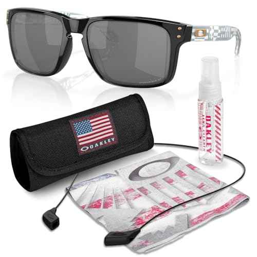 Oakley OO9102 HOLBROOK Square Sunglasses for Men - High Bridge Fit - USA Flag Cleaning Kit and Leash - PREMIUM BUNDLE
