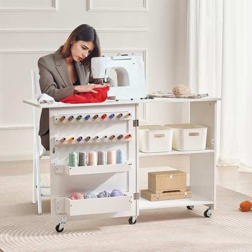 VEVOR Folding Sewing Table, Multipurpose Sewing Machine Table with Compact Design, Wheels, Shelves, Storage Trays, Wooden Pegs, and Magnetic Doors, Sewing Desk Cabinet for Sewing Machine, White - size: White w/o Cabinet