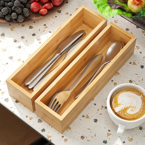 BAMEOS Kitchen Drawer Organizer,Small Silverware Drawer Organizer,Bamboo Utensil Organizer for Bathroom, Dressing Room, Office, Pantry (Natural, 11"x 3") Set of 2 - size: 2 Boxes 11x3"