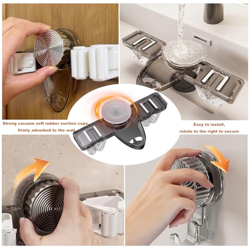 Broom Holder Mop Hanger(2pcs Racks & Hook Set),Wall Mount Organization Rack,No Drill Suction Cup Adjustable Organizer with Hooks for Bathroom Kitchen Garage Laundry Room (Grey)