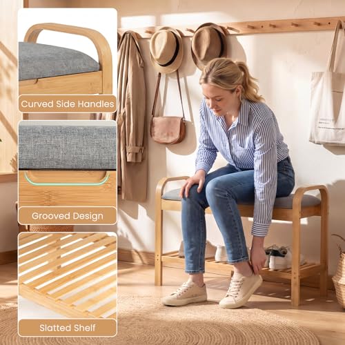 Giantex Small Entryway Bench with Storage, 2-Tier Bamboo Shoe Rack Bench with Flip Top Storage Space and Padded Cushion, Shoe Organizer for Entryway, Living Room, Hallway, Bedroom,Natural - size: 13"D x 24"W x 22"H（With Flip-Top Storage）