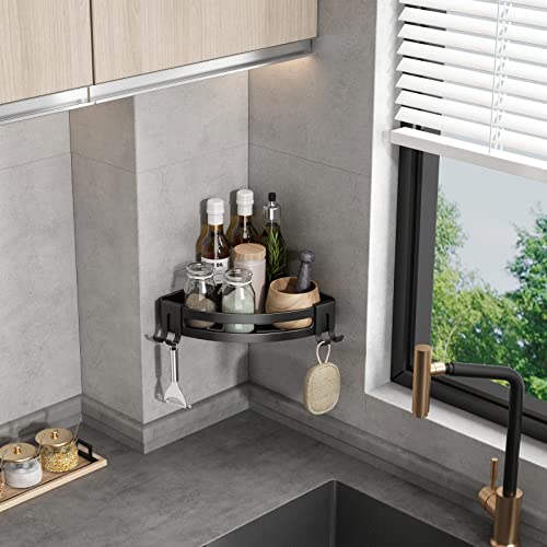 VOLPONE Corner Shower Caddy with Razor Holder Adhesive Shower Shelf Corner No Drilling (adhesive mounting, no suction cup) Bathroom Shower Organizer Storage Rack (2-Pack, Black) - style: Without Suction Cup Triangle with Hooks 2 Tier Black