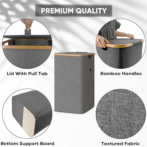 BALEINE Laundry Hamper with Lid, Tall Laundry Baskets with Bamboo Pull Handles, Large Laundry Bin with Internal Support (26 Gal/100L, Beige) - color: Beige, size: 100 liters