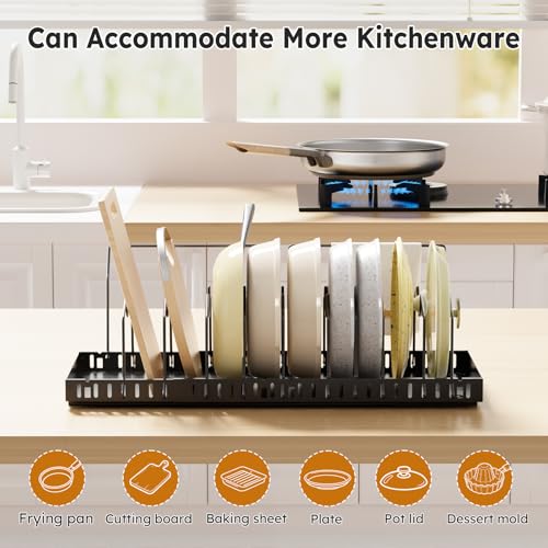 DTUQYX Pull Out Pot and Pan Organizer - 2 Pack Pots and Pans Organizer Under Cabinet Expandable Kitchen Pot Lid No Drill with 20 Adjustable Dividers and Towel Bar（Black,16.53-21.25in） - color: Matte black