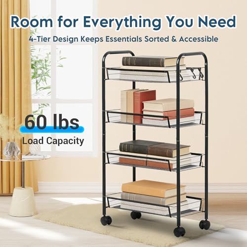 LOFTEY 4 Tier Rolling Storage Cart, Small Metal Utility Cart on Wheels, Rolling Organizer Carts for Kitchen, Bathroom, Laundry Room, Office, Easy No-Tool Assembly, Black