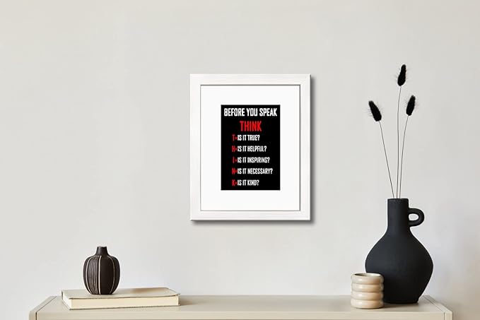 Wieco Art Think Quotes Wall Art Inspirational Canvas Print Motivation Classroom Decor With White Picture Frame and Real Glass Made to Display 5x7" with Mat or 8x10" Without Mat for Home Office Wall Decoration