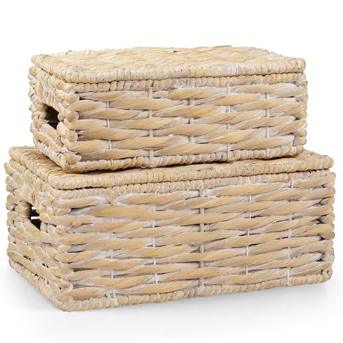 Set of 2 White Wicker Baskets with Lid - color: White