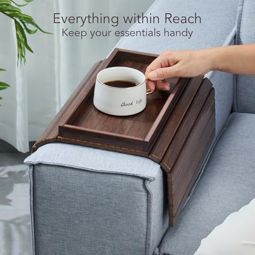 DETOR Couch Arm Tray with Spacious 12.4" x 5.4" Storage Box, Walnut Bamboo Finish, Enhanced Non-Slip Felt Bottom, Sturdy Bamboo Slats, Fits Armrests 6" and Wider - color: Walnut