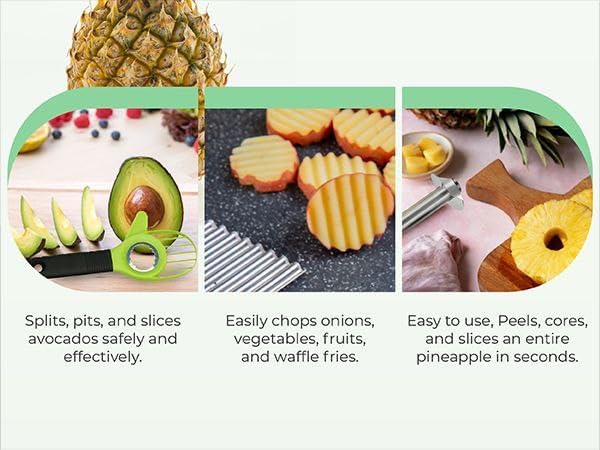 Fruit Prep Tool Set – Pineapple Corer & Slicer + Apple Cutter & Corer + 3-in-1 Avocado Tool | Stainless Steel Kit for Easy Fruit Cutting, Peeling & Saving