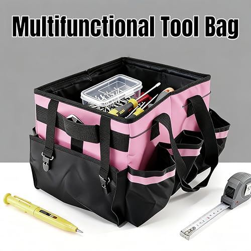 Tool Organizer Tote Bag, Pink and Black, Large Capacity with Adjustable Compartments, Portable Cleaning Storage Caddy, 14.96x10.63x9.06 Inches - color: Pink