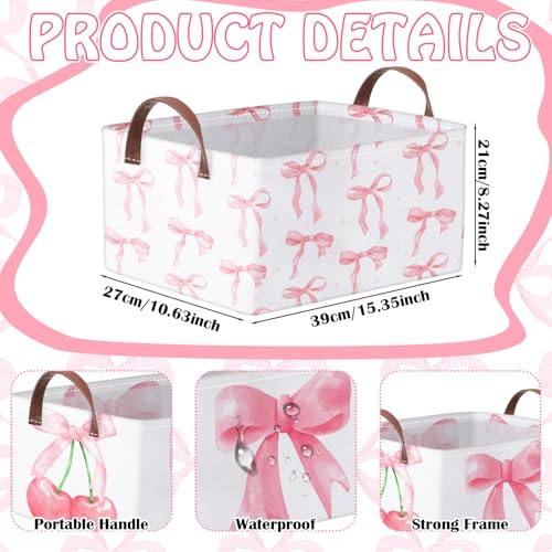 Boao 3 Pcs Coquette Pink Bow Storage Bin Collapsible Large Storage Baskets for Gifts Empty Candy Holiday Decor Canvas Laundry Basket Foldable Box with Handle for Office Home Bedroom Clothes - style: Bow and Cherry