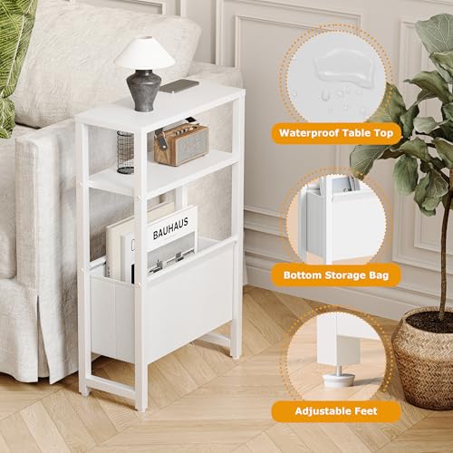 Narrow Side Table, Slim End Table with Magazine Rack, Bedside Table for Small Spaces, 3 Tier Sofa Couch Table Nightstand for Living Room, Bedroom, White LET503W - color: White