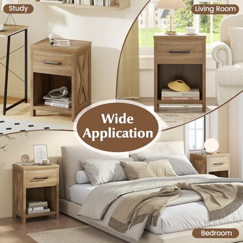 Giantex Farmhouse Nightstand, Wooden Bedside Table with Storage Drawer & Open Shelf, End Side Table, Rustic Night Stand for Small Space Bedroom & Home Office, Natural