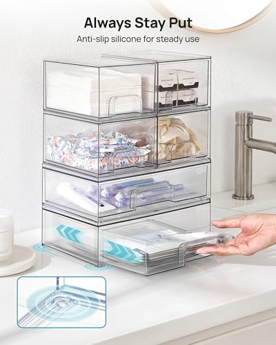 Vtopmart Clear Stackable Storage Drawers Set of 5, Plastic Organizer Bins for Makeup, Cosmetics, Beauty Supplies,Ideal for Vanity, Bathroom,Cabinet,Pantry Organization - style: 2 Small+3 Wide