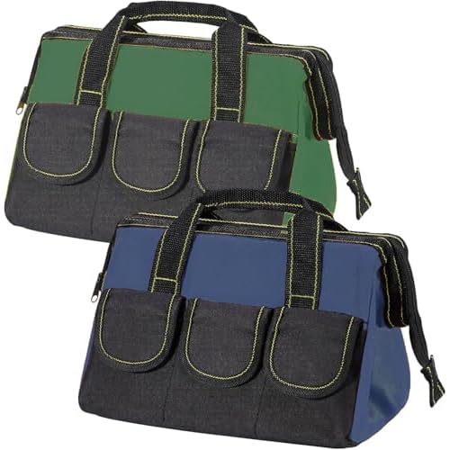 2 Pack Rugged 16-Inch Wide Mouth Tool Bag for Professionals, Waterproof and Durable. Great for Construction Electricians Carpentry and DIY Enthusiasts (Green,Bule)