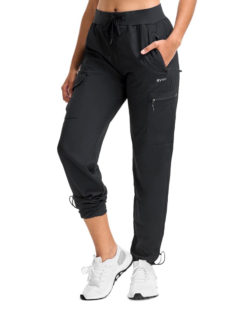 BVVU Women's Hiking Pants Lightweight Quick Dry Travel Outdoor Pants Waterproof Work Cargo Joggers with Zipper Pockets Black