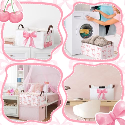 Boao 3 Pcs Coquette Pink Bow Storage Bin Collapsible Large Storage Baskets for Gifts Empty Candy Holiday Decor Canvas Laundry Basket Foldable Box with Handle for Office Home Bedroom Clothes - style: Bow and Cherry