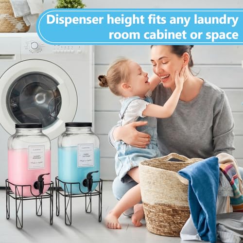 FillTouch 2 Pack 1 Gallon/128 oz Glass Laundry Detergent Dispenser, 3.8 L Liquid Soap Dispenser with Stand, Measuring Cup and Label, Fabric Softener, Liquid Bleach Container, Laundry Room Organization