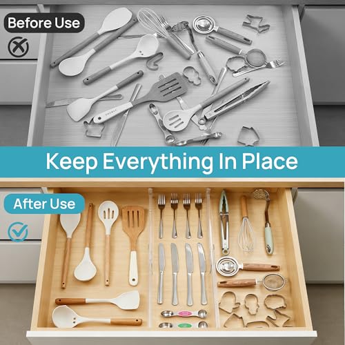 Vtopmart 8 Pack Shallow Drawer Dividers, 2.36" High 12.5"-20.8" Adjustable Expandable Kitchen Drawer Organizer, Clear Plastic Organizer Separators for Flatware, Utensil, Cutlery, Underwear, Clothes - size: 2.36" H, 12.5"-20.8" L