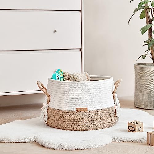 R RUNKA Small Basket for Stuffed Animal,Clothes ,Baby Blankets -11.8"x9.8"- Boho Baskets for Living Room,Bedroom,Nursery |Cotton Rope Baskets, Cube Basket, Under Shelf Basket | Baskets for Home Decor - size: Medium (11.8" x11.8" x9.8")