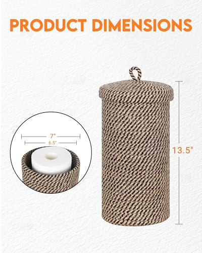 ZOES HOMEWARE Jute Toilet Paper Storage Basket with Lid,Bathroom Toilet Paper Holder Stand for 3 Mega Rolls,Tissue Holder for Bathroom with Removable Waterproof Insert, 7"x7"x13.5"