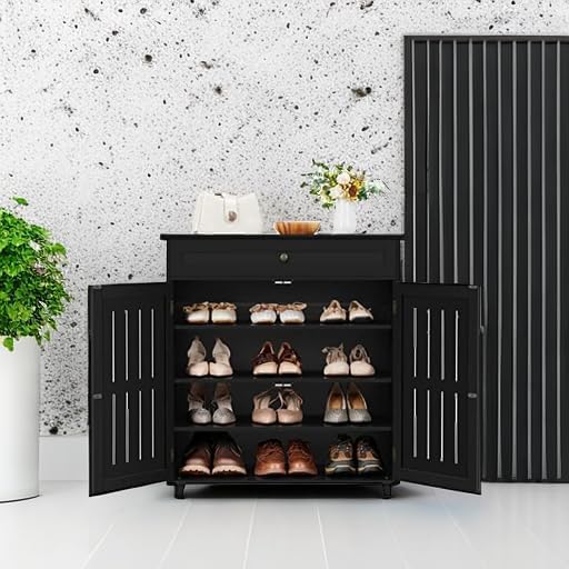 Yaheetech Shoe Cabinet, 4-Tier Shoe Storage Cabinet with Drawer & Adjustable Shelves, Wooden Shoe Rack Organizer with Louvered Doors for Entryway, Hallway, Closet, Living Room, Black