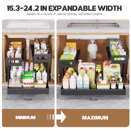 1 Pack Expandable Under Sink Organizers And Storage With Upgrade Ball-Bearing Slide Tracks,2-Tier Pull Out Under Cabinet Organizer Height Adjustable,Slide Out Under Sink Drawers-Black(Patent Pending)