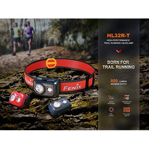 Fenix HL32R-T Trail Running Headlamp, 800 Lumen USB-C Rechargeable Lightweight Bright with Spotlight and FloodLight Dual Beam and a Cable Organizer (Black)