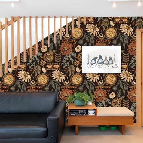 Boho Peel and Stick Wallpaper 17.3¡±¡¿120¡± Vintage Sun Floral Retro Removable Self Adhesive Wallpaper Flowers Bathroom Bedroom Kitchen Renter Friendly Wall Paper Botanical Mural Dark Countertop Paper