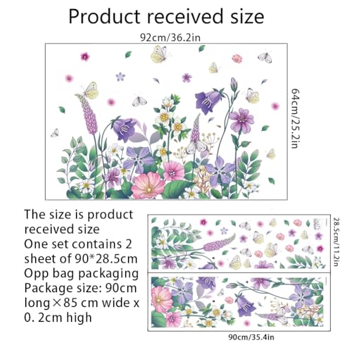 Purple Flower Wall Decal Peel and Stick Floral Butterfly Wall Sticker Green Plant Leaf Wall Art Murals for Bedroom Living Room Nursery Decor