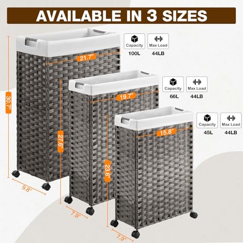 Greenstell Laundry Hamper with Wheels & Handles, 26.4 Gallon (100L) Slim Laundry Basket with 2 Removable Liner Bags & 2 Mesh Bags, Foldable Narrow Clothes Hamper for Bedroom, Bathroom, Closet, Grey - color: Grey, size: 100L (21.7 x 9.8 x 30.7 inches)